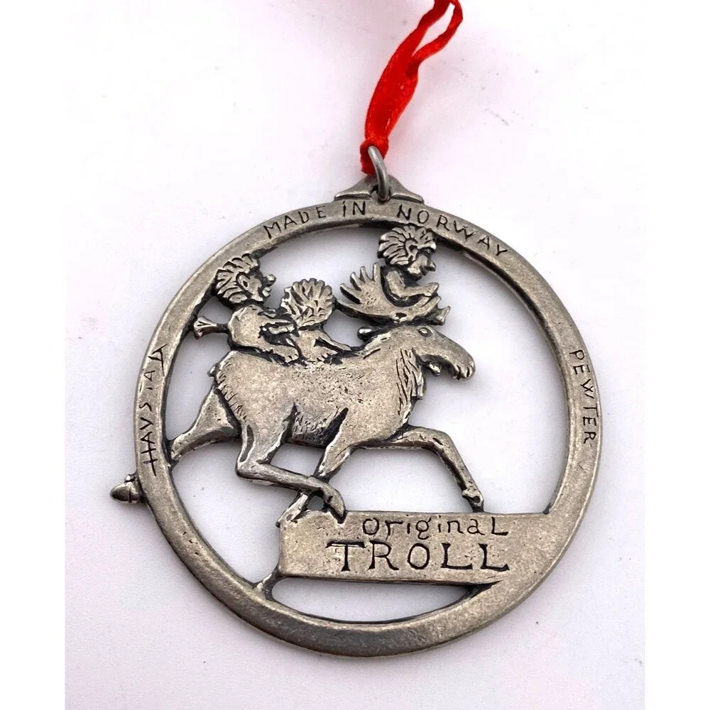 Vtg '97 Norge Havstad Signed Pewter Ornament Norway Moose Troll Christmas Holida